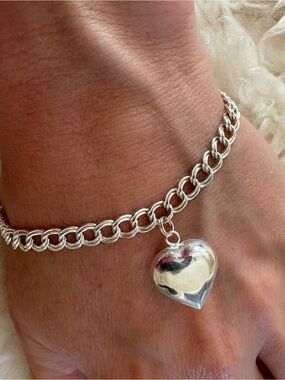 925 Classic Puffed Heart Charm Double Loop Chain Bracelet Sterling Silver Italy